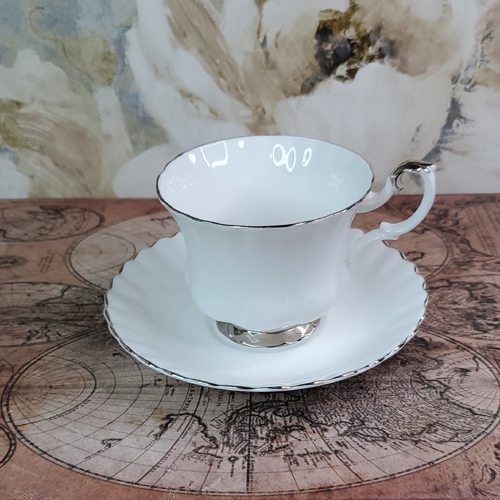 Royal Albert Chantilly White Bone ChinaTeacup and Saucer with Silver Trim